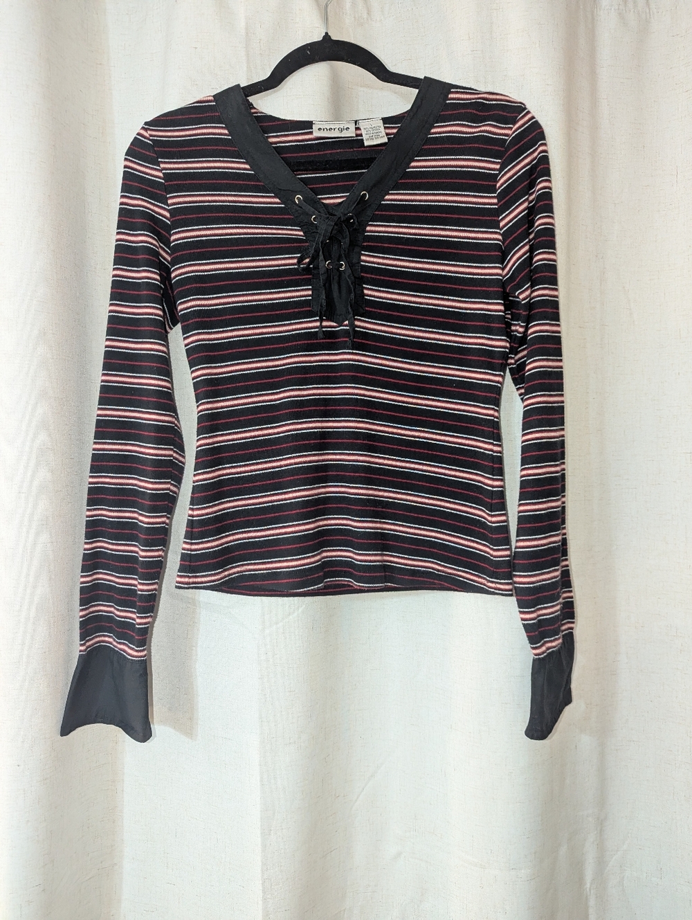 2000s Long Sleeve Energie Striped Lace Up Detail Top